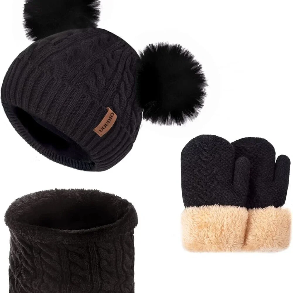 Kids Winter Hats Gloves Scarf Set for Girls Toddler Beanie Neck Warmer Thick Fle
